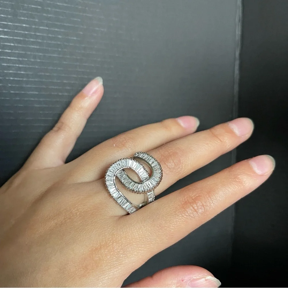Intertwined adjustable silver tone chunky statement cz size 5-8 ring